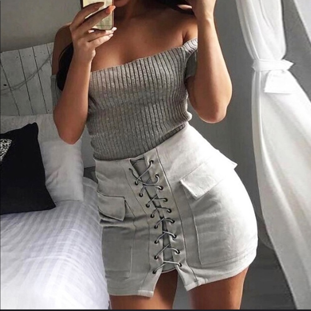 Suede silver lace up skirt